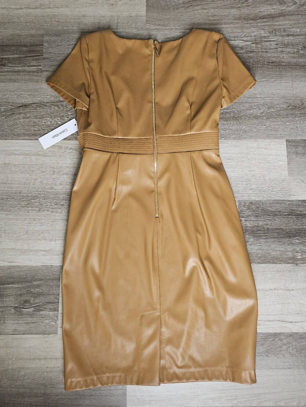 Calvin Klein Faux Leather Belted Sheath Dress NWT Luggage Brown - Picture 3 of 16
